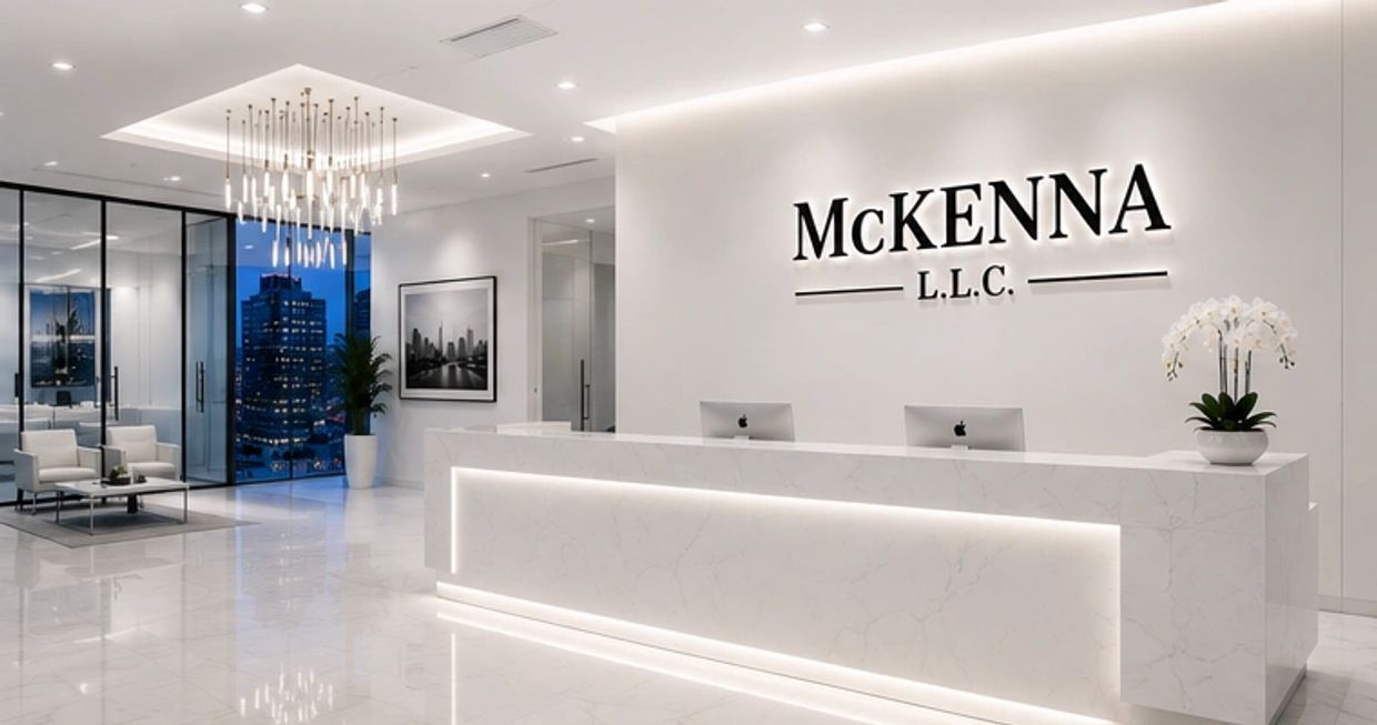 Modern, elegant office reception with McKenna L.L.C. branding and sleek white marble design.