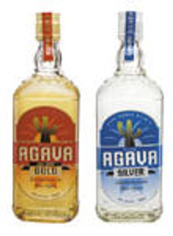 Two bottles of Agava tequila, one gold and one silver variant.
