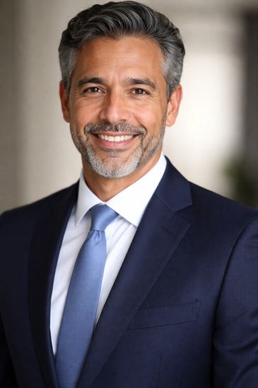 Confident middle-aged man in a suit smiling warmly.