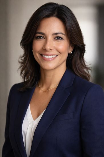 Professional woman smiling confidently in a navy blazer and white blouse.
