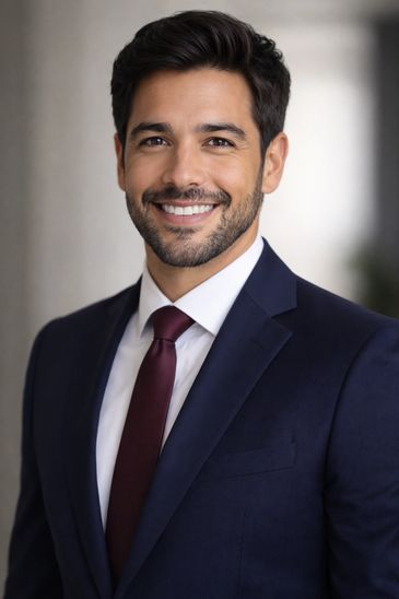 Smiling man in a navy suit and maroon tie against a blurred background.