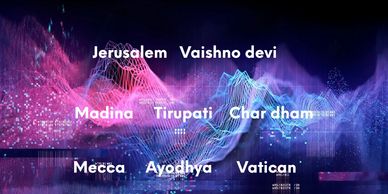 Digital art with names of famous religious places over colorful abstract waves.