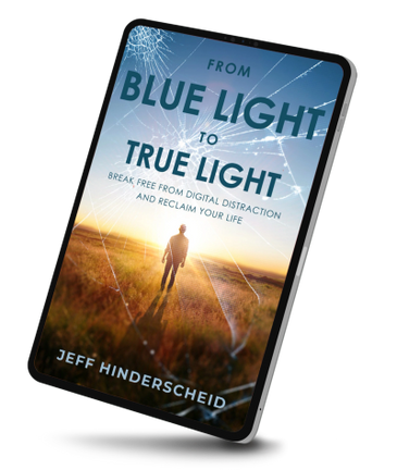 Tablet displaying a book cover titled 'From Blue Light to True Light' by Jeff Hinderscheid.