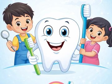 Happy kids with a giant smiling tooth and toothbrushes promoting dental care.