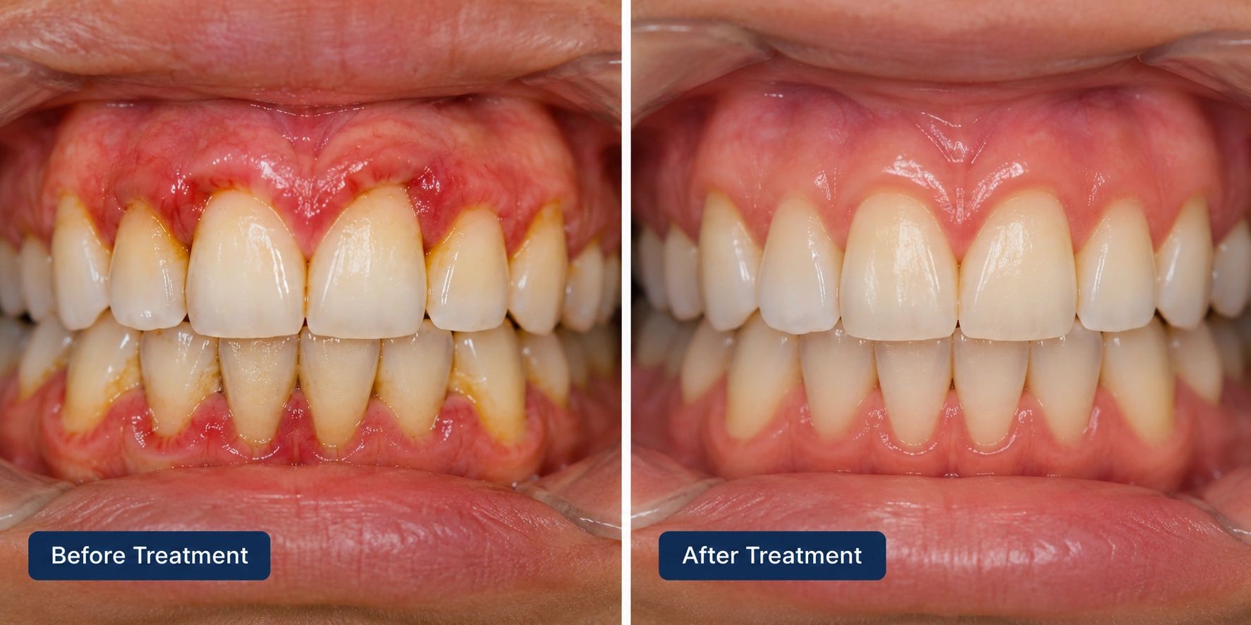 Comparison of teeth before and after dental treatment.