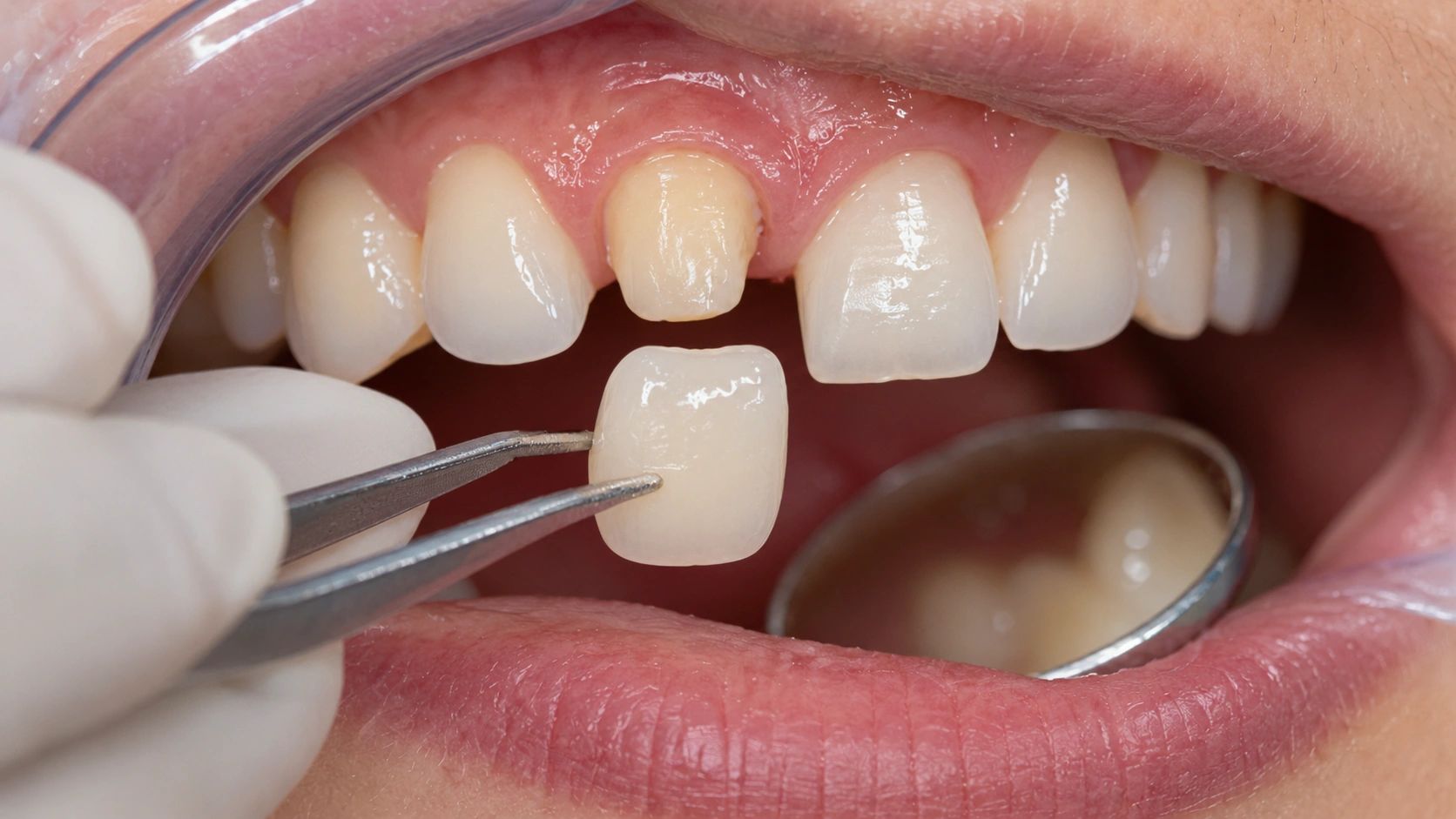 Dental veneer being placed on a prepared tooth.