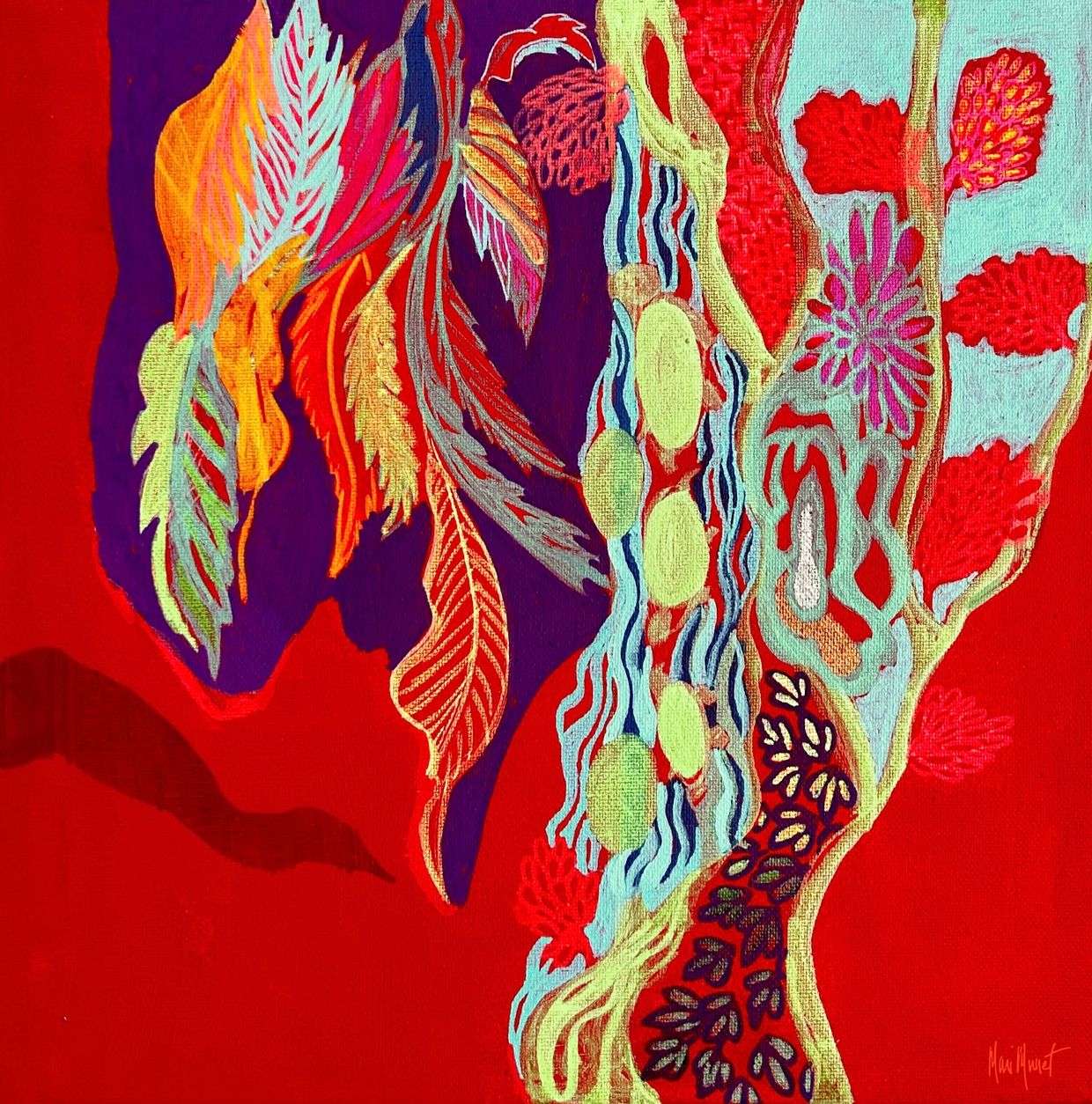 Vibrant abstract painting with leaves and organic shapes on red background.