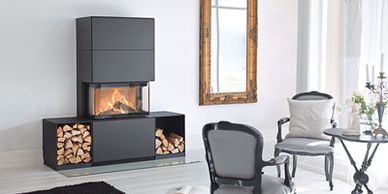 Regency Contura wood fireplace
Three sided 
 guillotine door 
modern fireplace