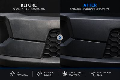 Before and after restoration of a car's plastic bumper showing enhanced and protected finish.