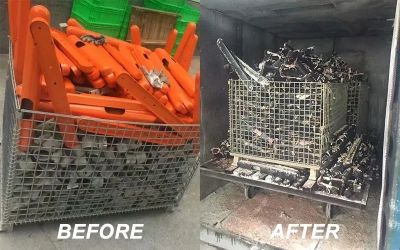 Metal parts before and after heat treatment in a furnace.