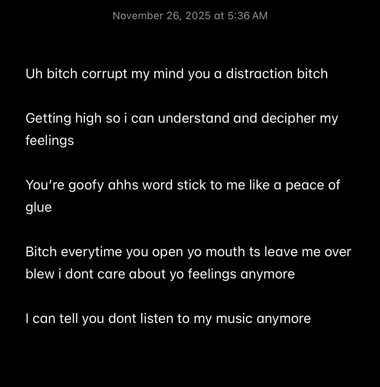 Raw emotional poem expressing frustration and detachment in a troubled relationship.