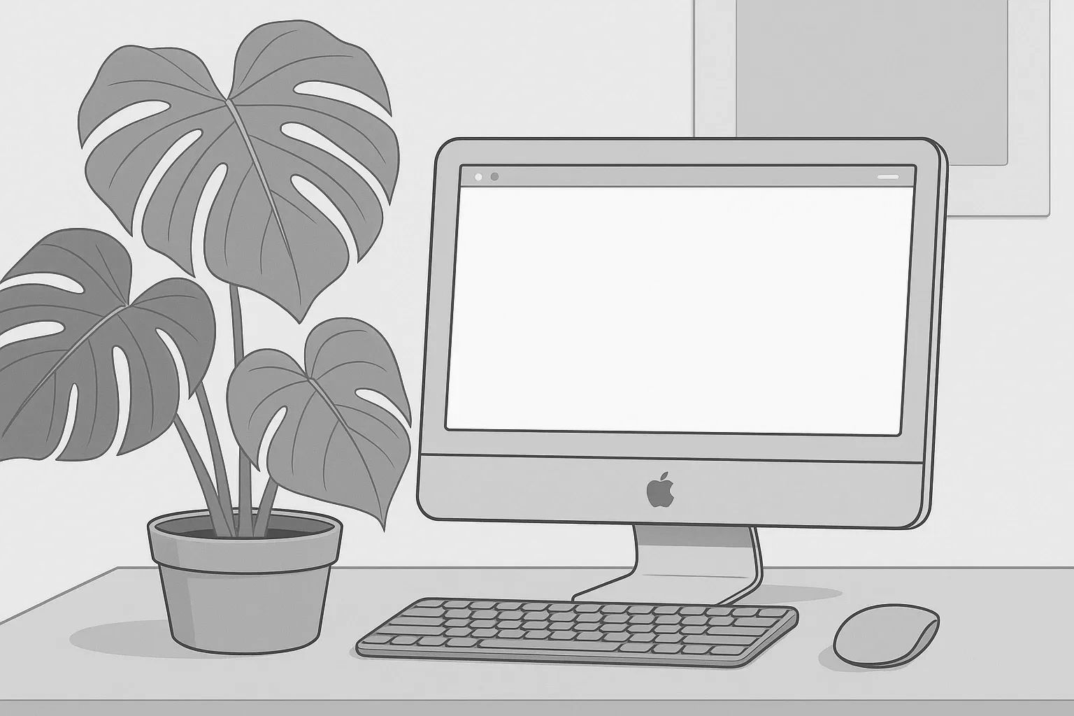 A modern desktop setup with a potted plant, keyboard, mouse, and Apple iMac.