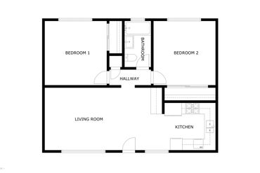 Residential floor plan layout for a single-family apt unit, showcasing two bedrooms, one bathroom.
