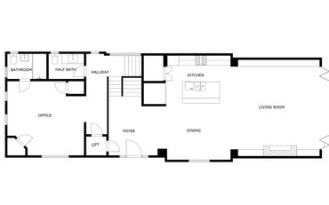 Residential floor plan layout for a single-family home, showcasing office, kitchen & living room.