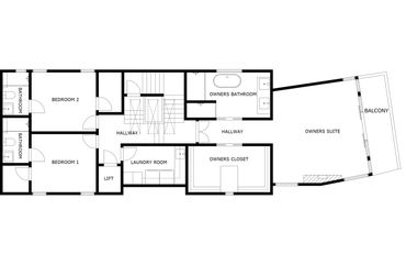 Residential floor plan layout for a single-family home, showcasing three bedrooms, three bathrooms.