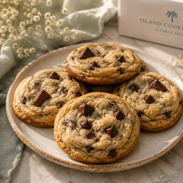 Plate of four chocolate chip cookies.