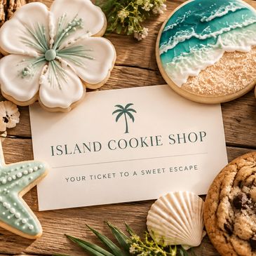 Island Cookie Shop with beach-themed cookies and a business card.