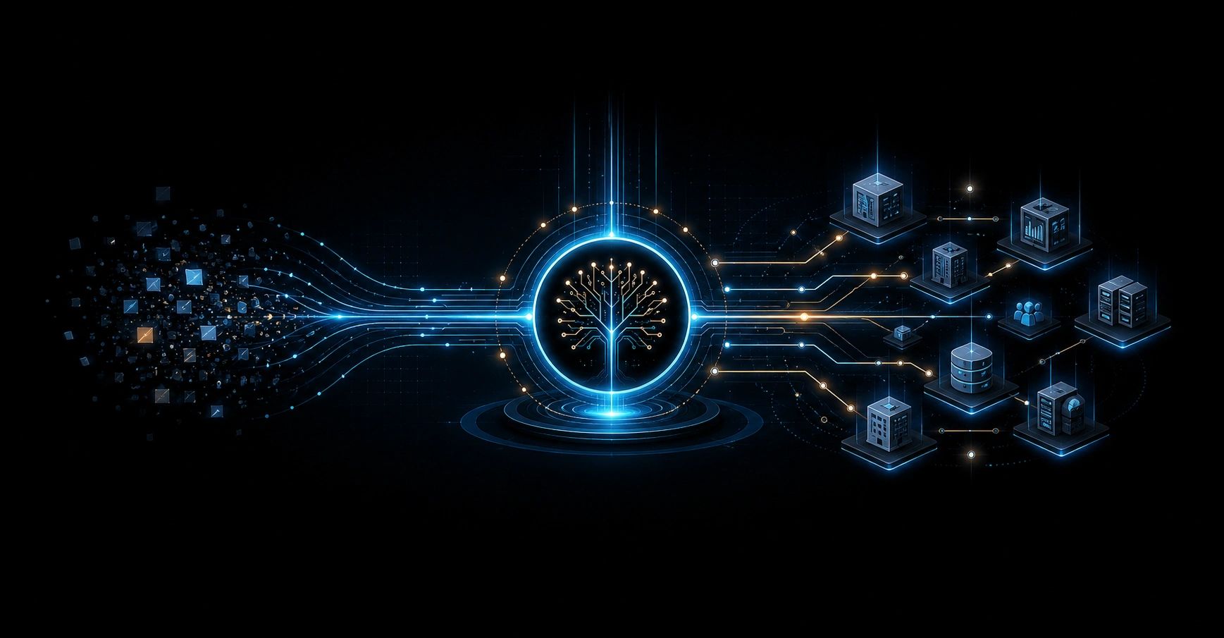 Digital tree symbol connecting data nodes and servers.