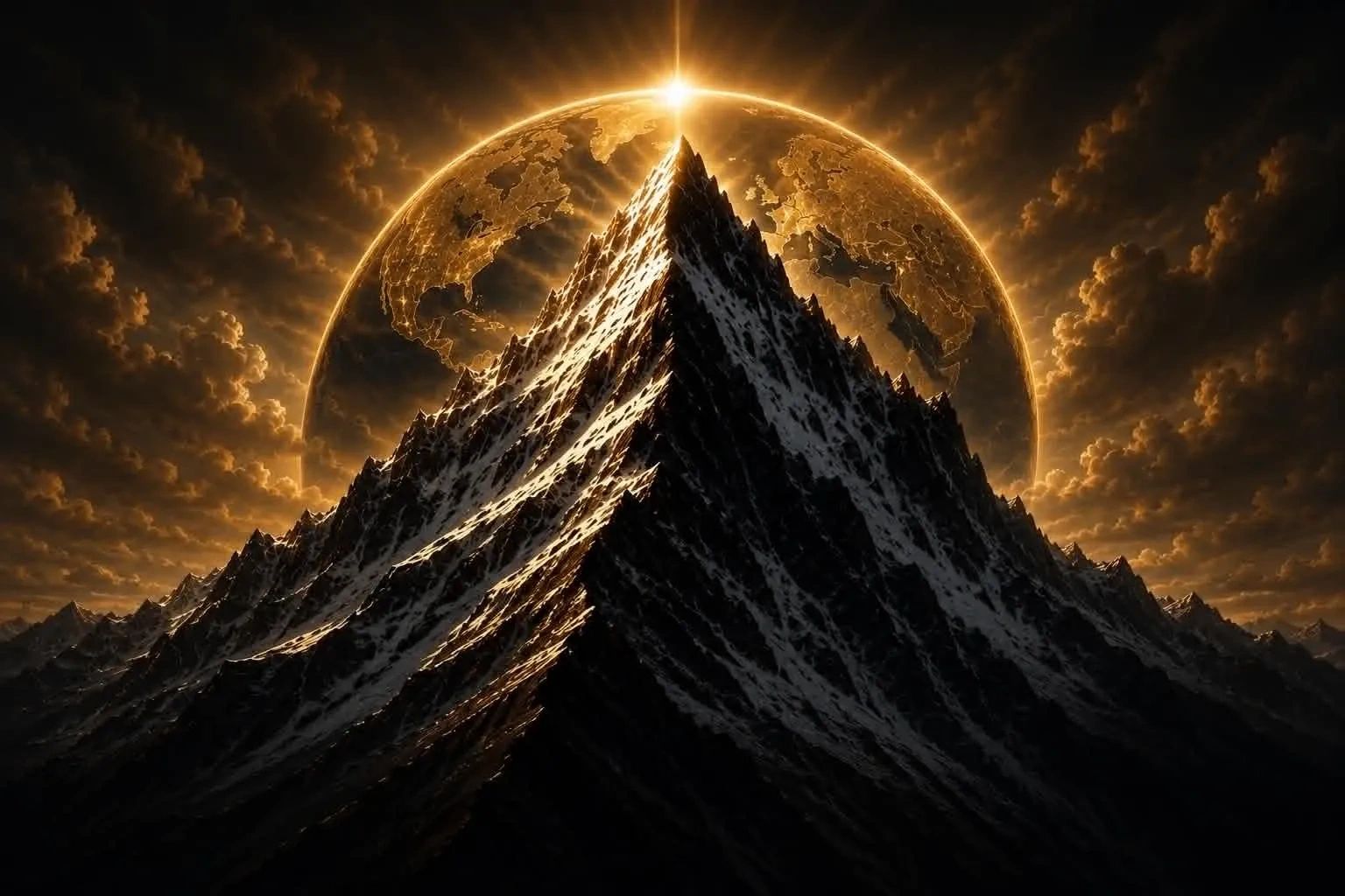 A glowing planet rises behind a dark, jagged mountain peak under dramatic clouds.