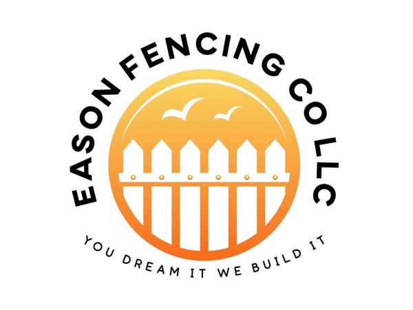 Logo for Eason Fencing Co LLC with a fence and birds inside an orange circle.