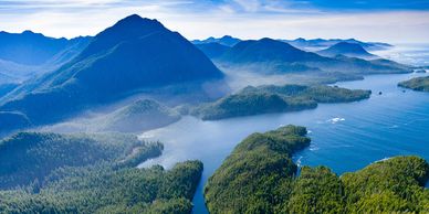 Aerial view of a mountain and water landscape.