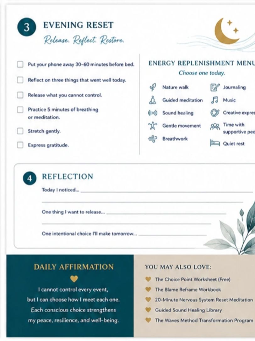 Evening reset checklist with reflection prompts and daily affirmation for peace and well-being.