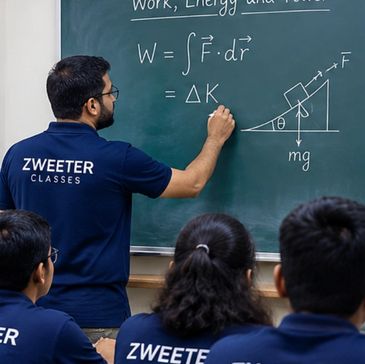 Teacher explaining physics on chalkboard to students.