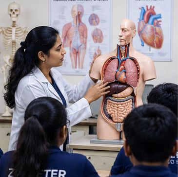 Teacher explaining human anatomy with a model to students.