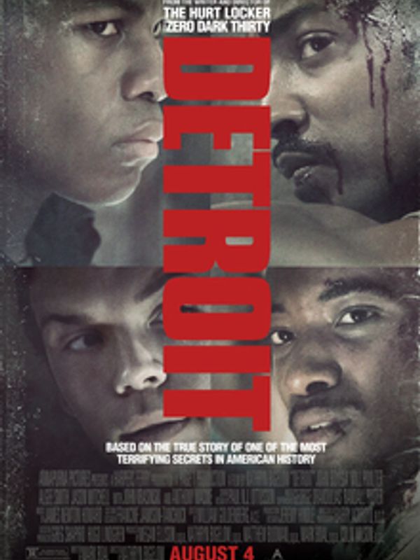 Movie poster for Detroit, depicting intense faces and bold red title.  Also featuring actor Justin Mane.