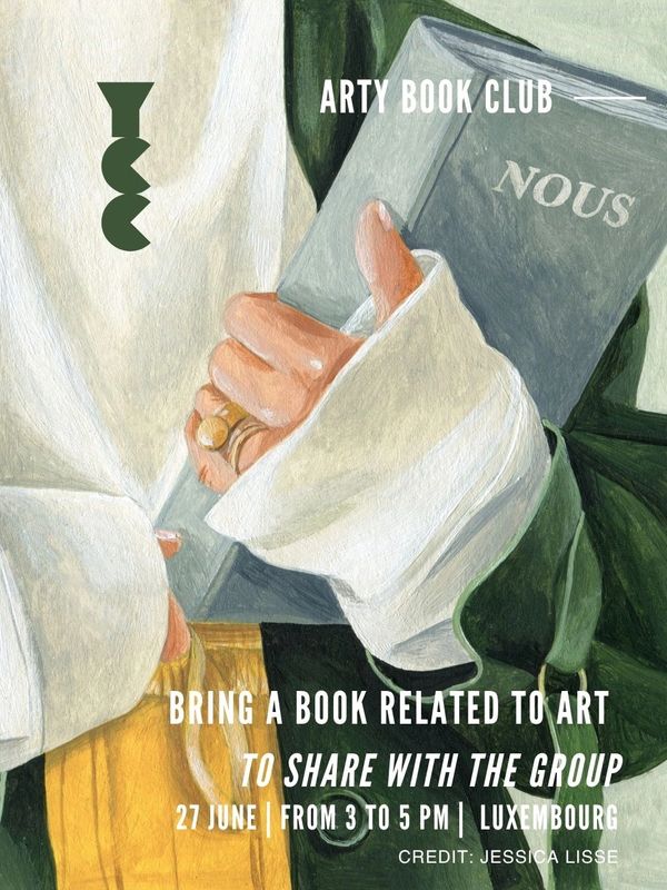 Artistic book club event invitation featuring a person holding a book titled 'NOUS'.