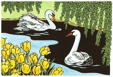 Swans with Tulips by Leslie Evans of Sea Dog Press