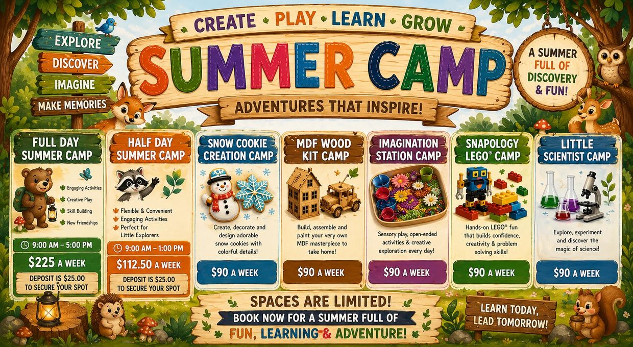 Colorful summer camp flyer with various themed camps and pricing details.