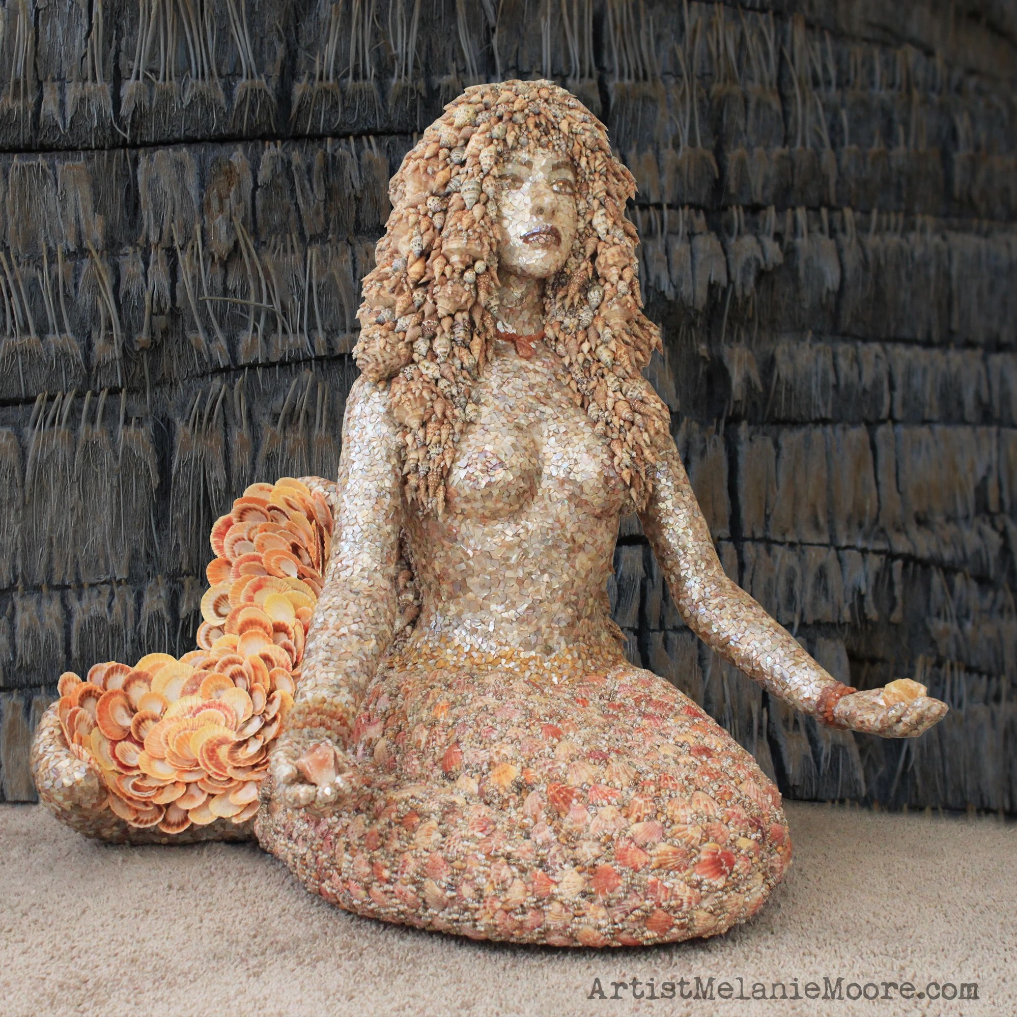 Mosaic seashell mermaid made from natural seashells and crystals by artist Melanie Moore.