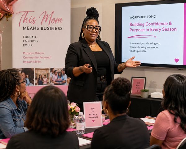 Woman leading a workshop on confidence and purpose.