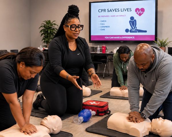 Group CPR training with instructor and mannequins.
