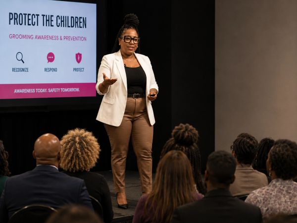 Woman presenting on child protection to an audience.
