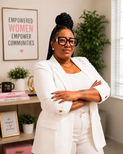 Confident woman in white suit stands with arms crossed in office.