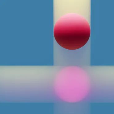 A pink gradient sphere floating against a blue and cream background with its reflection below.