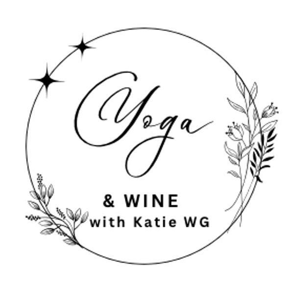 Elegant logo for Yoga & Wine with Katie WG featuring floral and star accents.