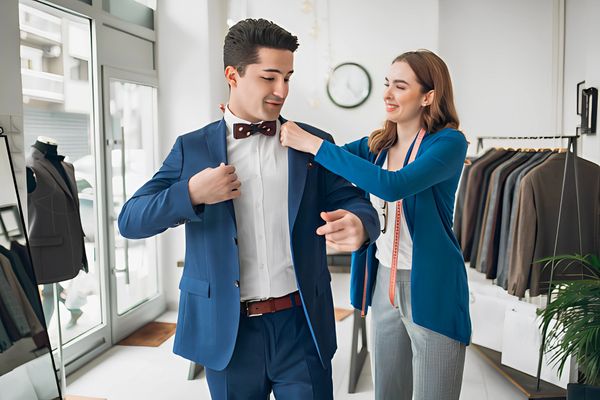 Tailor woman helping her customer to choose and dress suit jacket