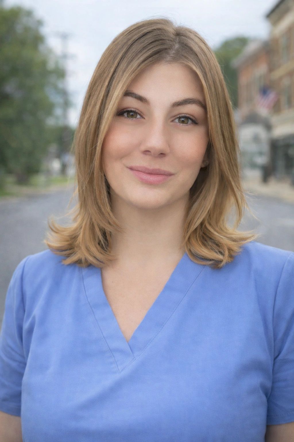 Confident woman in blue medical scrubs smiling outdoors.