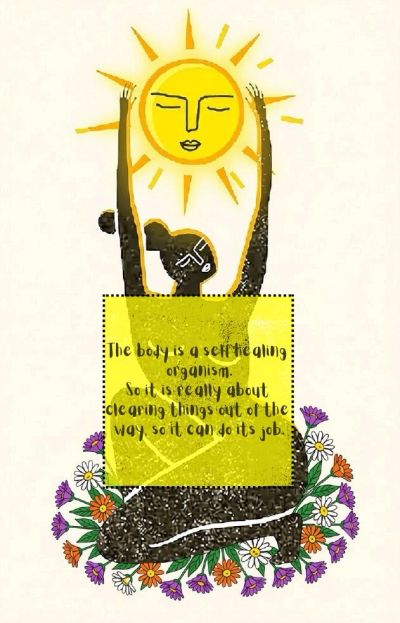 Illustration of a person holding a sun with a health quote.