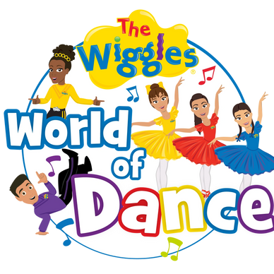 Cartoon images of people dancing dressed in tutu's, branded as The Wiggles