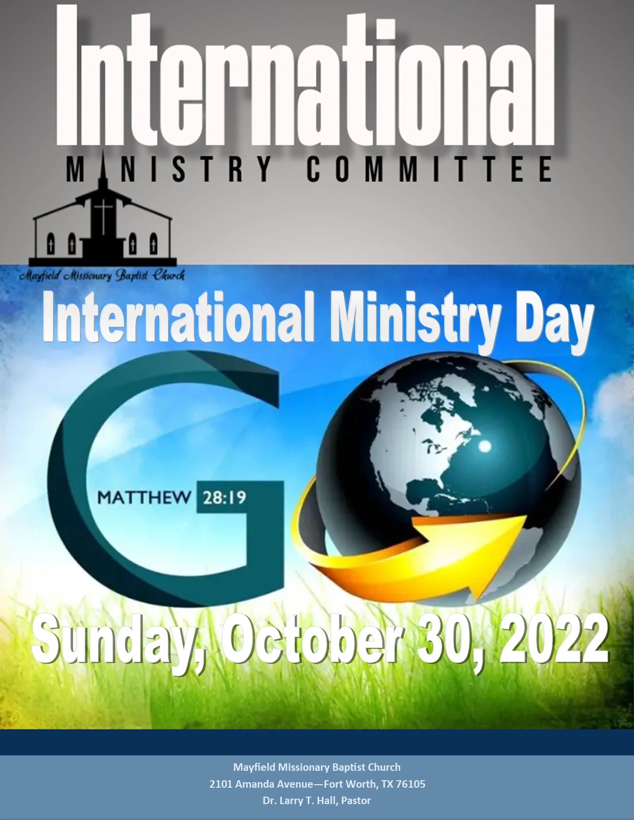 Flyer for International Ministry Day on October 30, 2022, by Mayfield Missionary Baptist Church.