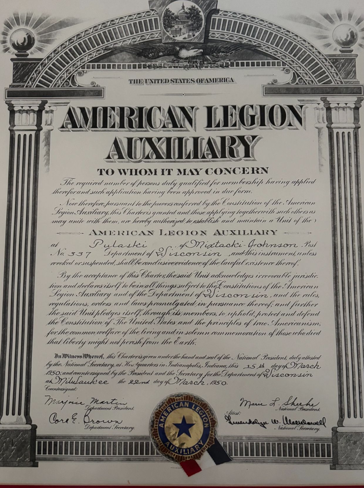 American Legion Auxiliary charter certificate from 1950 for Pulaski, Wisconsin.