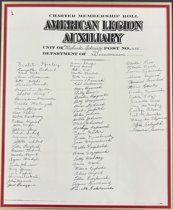 Framed American Legion Auxiliary charter membership roll with handwritten names.
