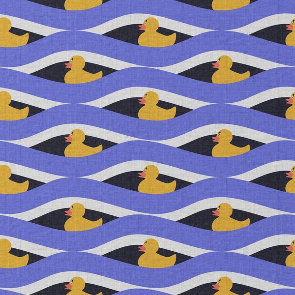 Pattern of yellow rubber ducks swimming in blue and white waves.