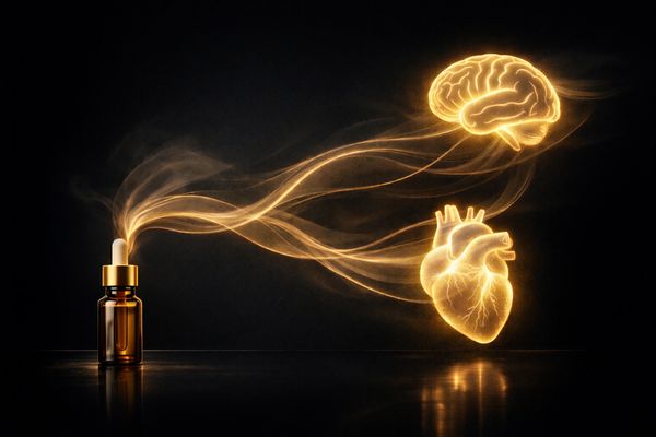 A bottle emits glowing smoke forming a brain and heart, symbolizing mind and emotion.