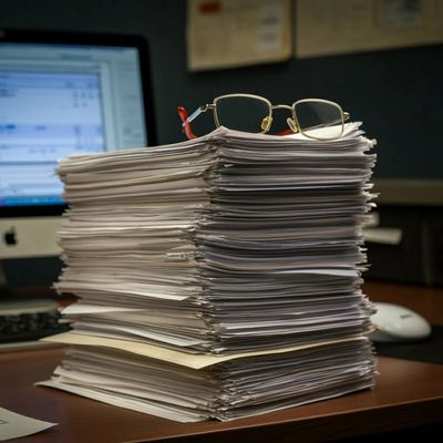 A tall stack of papers with glasses on top on an office desk.