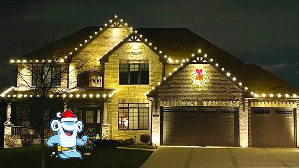 A house decorated with Christmas lights and a festive shark graphic at night.